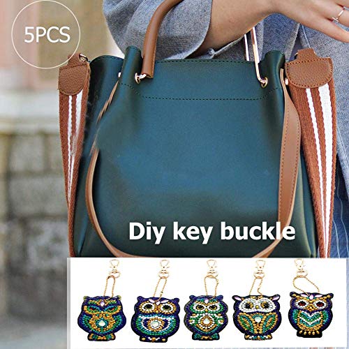 5D DIY Diamond Painting Keychain, 5 pcs Owl Shape, Mosaic Making Full Drill Special Shape Diamond Painting Kit for Bags, Smartphone Straps, 5 Pack - Thumbnail 3