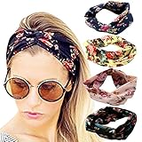 DRESHOW 4 Pack Headbands Vintage Elastic Printed Head Wrap Stretchy Moisture Hairband Twisted Cute Hair Accessories, Black, Navy, Pink, Yellow, One Size