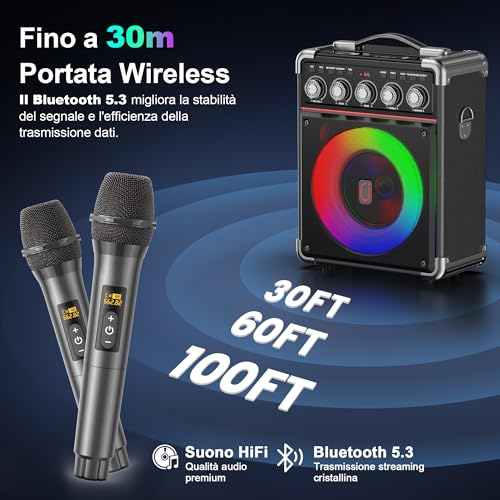 JYX Karaoke with 2 Microphone, 100 W Bluetooth Speaker, 18 Hours Autonomy, Complete Professional Karaoke, Potatile PA System and LED Light & Remote Control, Supports Bluetooth/TF/USB/AUX/TWS