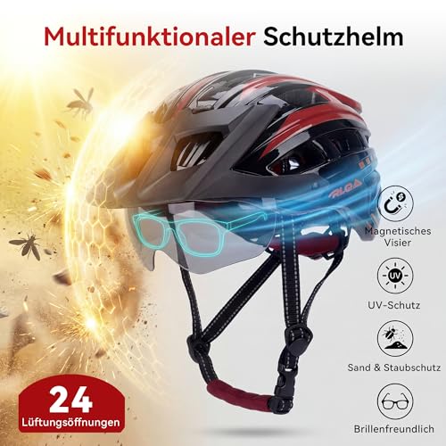 RLQA Bicycle Helmet Men Women MTB Road Bike Helmet with Removable Magnetic Visor & Glasses, Cycling Helmet with 24 Air Slits, LED Rear Light, Riding Helmet Adjustable Coarse