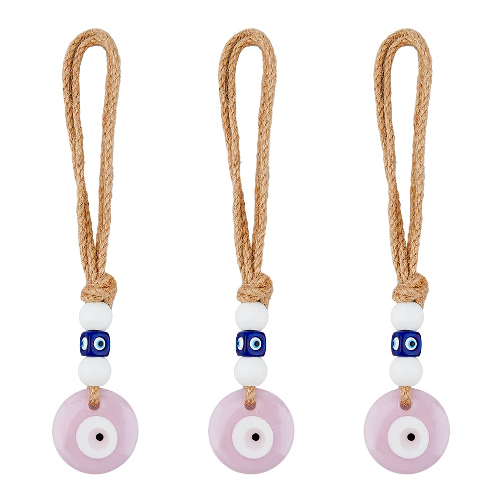 DICOSMETIC 3Pcs Evil Eye Hanging Ornament Lampwork Evil Eye Bead Charms with Jute Rope 8" Protection Decorative Ornaments Good Luck Wall Hanging for Home Craft Decorations