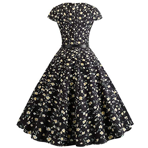 Gogoodgo Waistband Dresses for Women, Ladies Vintage V Neck Short Sleeve Dress 1950s Retro Printing Swing Dress Black