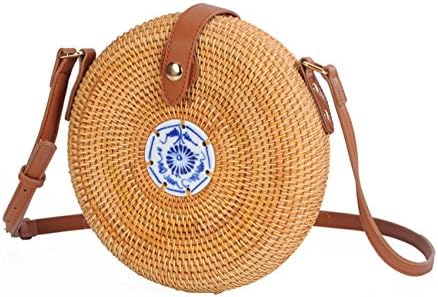 Beauty YaYa Womens Ark Ata Rattan Woven Crossbody Bag | Handbag | Tote Bag with Bow Clasp (Embedded Tiles)
