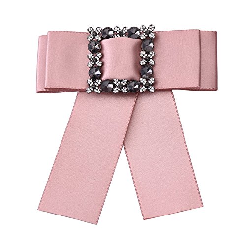 OBONNIE Women s Crystal Black Satin Ribbon Bow Tie Brooch Pin Shirt Tie Jabot Collar Neck Tie Cravat (Pink)