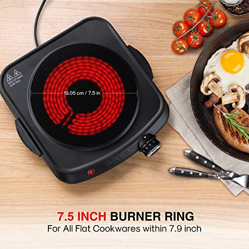 SUNAVO Electric Infrared Burner, 1200W Ceramic Glass Hot Plate, 6 Power Levels Stainless Steel Single Burner for Kitchen Camping RV and More Black - Thumbnail 3