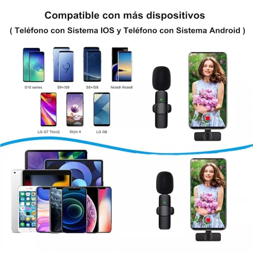 2 Pack Micrófono Inalámbrico,Microfono de Solapa para iPhone/iPad/Android/PC,Inalámbrico Lavalier Compatible Profesional con Reducción de Ruido Inteligente,Plug and Play,para Vlog Video,Youtube Tiktok