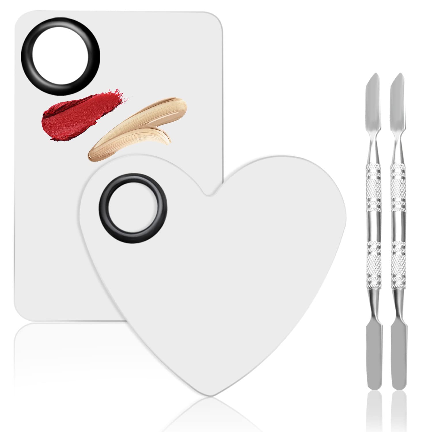 BESARME Makeup Mixing Palette Stainless Steel Foundation Palette with Spatula for Mixing Foundation (4 in 2 Silver Heart Rectangular)