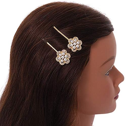 2 Bridal/Prom Clear Crystal, Pearl Flower Hair Grips/Slides In Gold Plating - 60mm Across, white / ivory, gold - Image 3