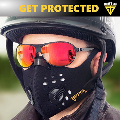 FIGHTECH Dust Mask | Mouth Mask Respirator with 4 Carbon Filters for Pollution Pollen Allergy Woodworking Mowing Running | Washable and Reusable Neoprene Half Face Mask (Large, Charcoal Black)