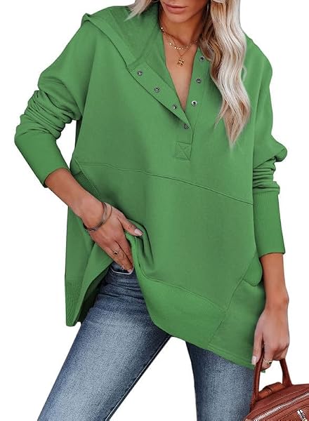 SHEWIN WOMENS SWEATSHIRT CASUAL LONG SLEEVE HOODIES PULLOVER TOPS OVERSIZED BUTTON V NECK HOODIE FALL SWEATSHIRTS FOR WOMEN LOOSE FIT,US 0-2(XS),GREEN