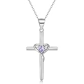 YZSFMZGE Cross Necklace for Women, 925 Sterling Silver Birthstone Necklace, 5A CZ Cross Heart Pendant with Adjustable Chain, 16+2 Inches