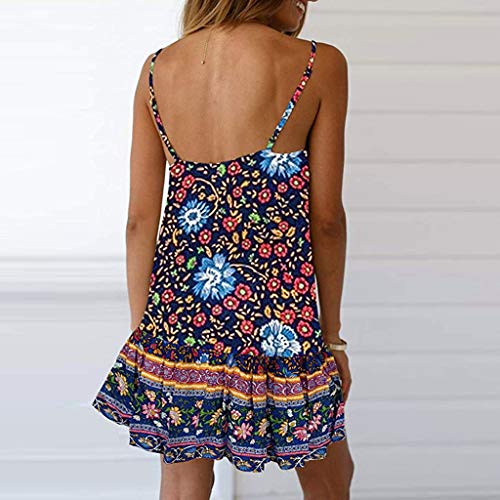 CCatyam Plus Size Dress for Women, Sleeveless V Neck Boho Print Backless Sexy Loose Mini Beach Fashion Blue