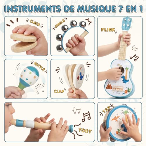 Lehoo Castle Children's Guitar 2 3 Years with Musical Instruments, Wooden Ukulele with Tambourine, Flute, Maracas and Rattle, Montessori Educational Musical Toy Games