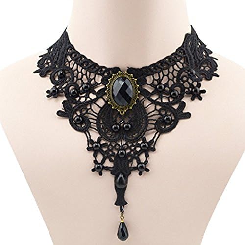 Vintage Gothic Lolita Black Lace Sexy Choker Beads Tassel Pendant Choker Lady Woman Chain Necklace