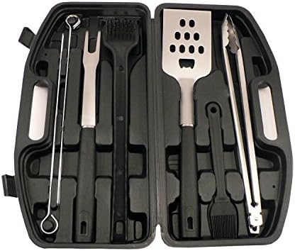 Hot SELLER Grill Outdoor Stainless Steel 10 Piece BBQ Tool Set with Tongs, Spatula, 4 Skewers Fork, Grill Brush, Basting Brush and Case