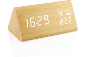 OCT17 Wooden Alarm Clock, Wood Alarm Clock Smart LED Digital Clock for Bedroom/desks, Upgraded with Time Temperature, Adjustable Brightness and Voice Control, Humidity Displaying - Bamboo