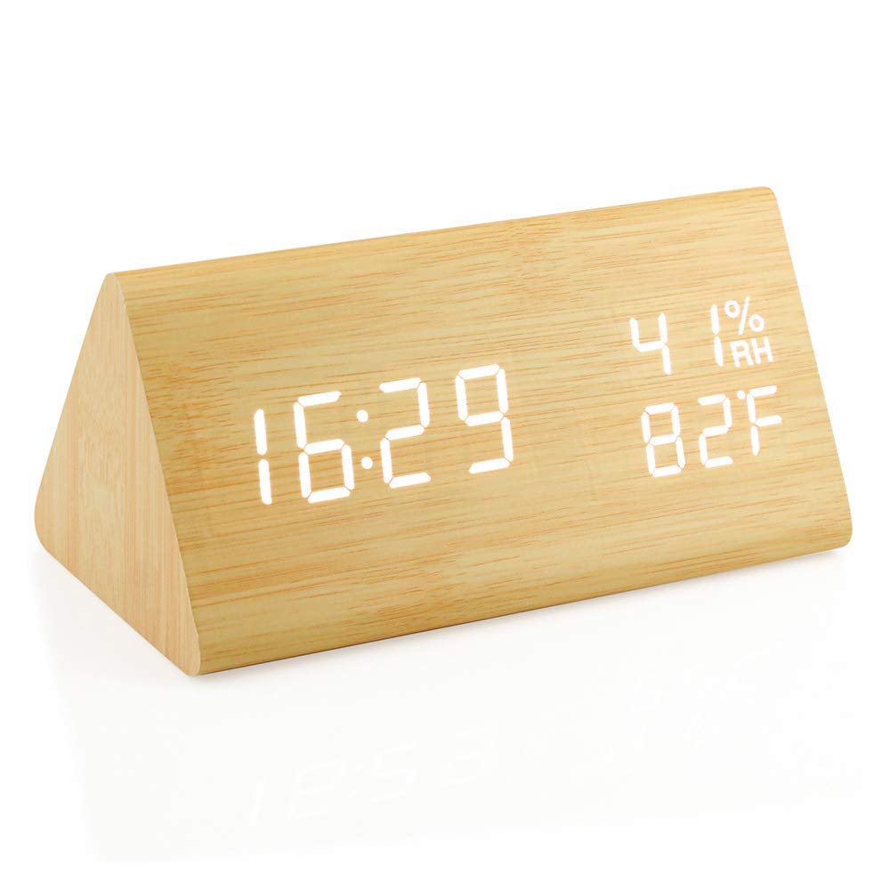 Photo 1 of OCT17 Wooden Alarm Clock, Wood Alarm Clock Smart LED Digital Clock for Bedroom/desks, Upgraded with Time Temperature, Adjustable Brightness and Voice Control, Humidity Displaying - Bamboo