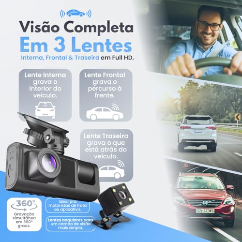 Câmera Veicular 3 Lentes Full HD 1080p, Gravação 360°, Visão Noturna, Sensor G, Detecção de Movimento, Tela LCD, Suporte 32GB