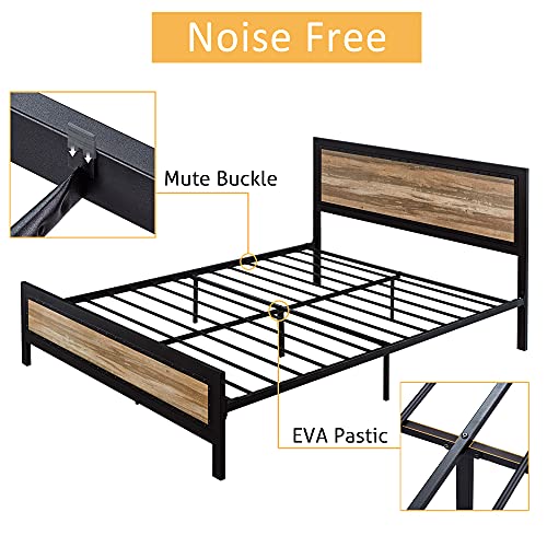 IMUsee Full Size Bed Frame with Modern Wood Headboard / Heavy Duty Platform Metal Bed Frame with