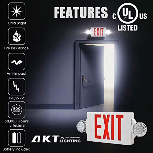 AKT LIGHTING LED Emergency Light & Exit Sign Combo, Red Exit Sign, UL Certified Emergency Exit Light, Adjustable Lamps with Back-up Battery (Red, 1 Pack) - Thumbnail 2