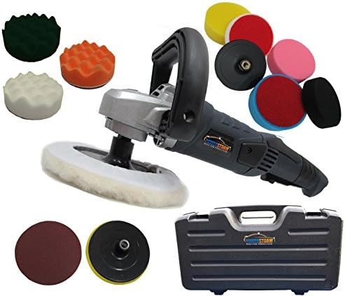 PowerStorm Car Polisher Sander Buffer with Carry Case Plus 12 Car Polisher Heads Platinum Wavy Pack