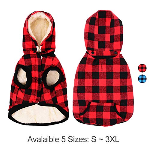 Urijk Dog Winter Coat Plaid Hoodie Jacket, Soft Warm Fleece British Style Hooded Dog Cold Weather Coat, Windproof Snow Proof Dog Winter Clothes Dog Snowsuit Apparel for Small Puppy Medium Large Dogs