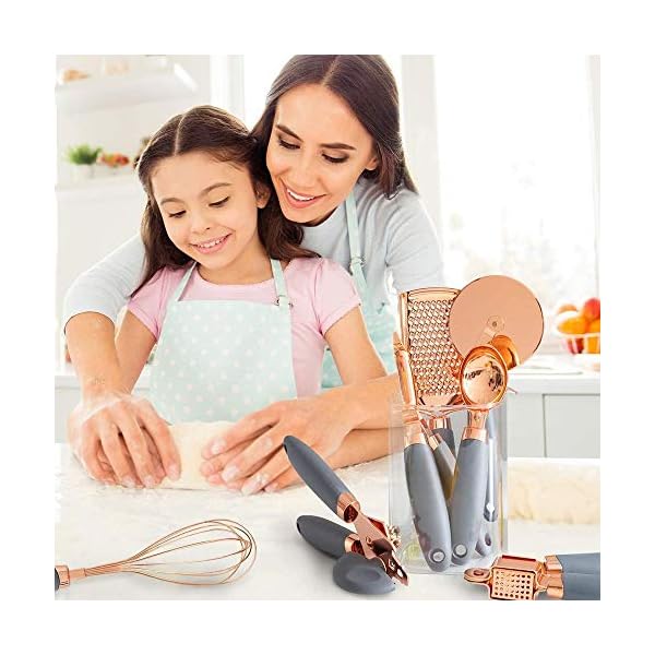 7 Pc Kitchen Tools and Gadgets Copper Coated Stainless Steel, Peeler, Stainless Steel Can Opener, Ice Cream Spoon, Pizza Cutter, Melon Paner, with Soft Touch Grey Handles