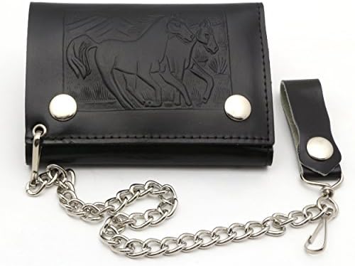 Trifold USA Made Large Black Genuine Leather Wallet Horses Design with a Chain