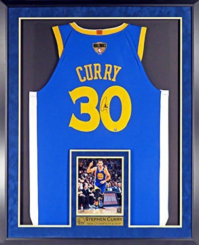 GS Warriors Stephen Curry Autographed Road Blue Jersey w/2018 Finals Patch (w/Inset Photo &NBA CHAMPION & MVP Plate) Framed