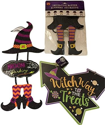 Glitter Halloween Decorations Witch Broom Parking Sign Set with Witch Way to the Treats Sign and Witch Feet 84 in Banner