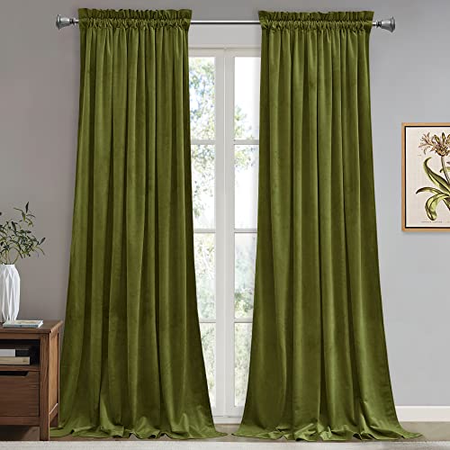 StangH Olive Green Velvet Curtains 102 inches Long 2 Panels for Christmas Decor, Room Darkening Warming Drapes Privacy Protect Cold Blocking for Dining Room/Hotel Hall, W52 x L102