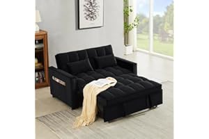 DHHU 3 in 1 Convertible Sofa Sleeper Bed, Loveseat Lounge with Adjustable Backrest and Pillows, 2-seat Velvet Pull Out Fabric Couch Chaise for Living Room, Black-V7