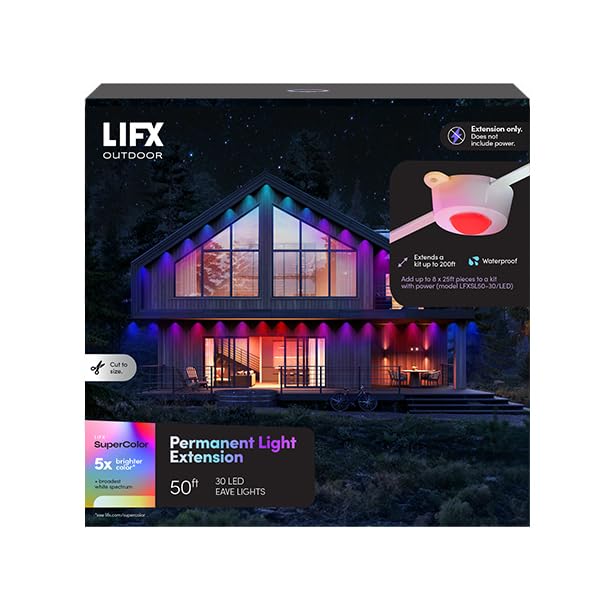 Photo 1 of LIFX 50ft Permanent Outdoor Light Extension, Smart RGBW LED Strip, Wi-Fi Enabled, Supercolor, Compatible with Alexa, Google, Requires 50ft Base Kit, for Holiday & Everyday Use, LFXSL50-30/LED/50EXT