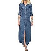 utcoco Womens Denim Shirt Dress Vintage Lapel Long Sleeve Casual Button Down Maxi Jean Dresses