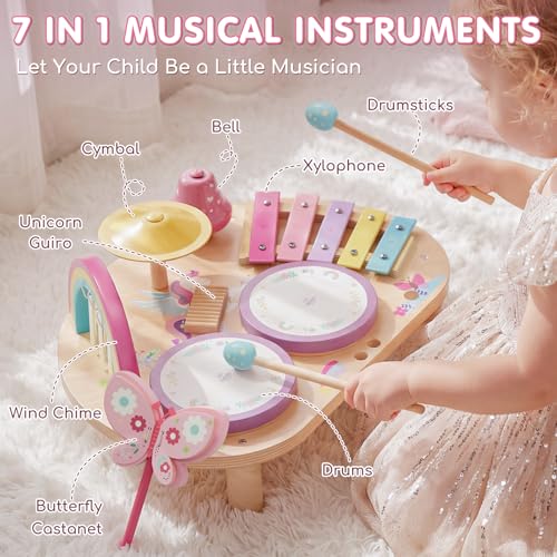 Lehoo Castle Wooden Montessori Children's Drum Set Toy from 1 - 3 Years Girls, Musical Instruments for Children with Xylophone Drum, Music Toy for Preschool Babies, Educational Toy Gift