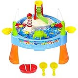 Zooawa Mini Fishing Game Set 11.81 x 6.7 Inch, Electric Magnetic Rod and Reel Toy Water Playing Fun Paradise [25 Pcs] with Music and Light for Kids and Toddlers, Colorful
