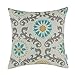 CaliTime Canvas Throw Pillow Cover Case for Couch Sofa Home Decoration Three-Tone Dahlia Floral Compass Geometric 18 X 18 Inches Turquoise/Yellow/Gray