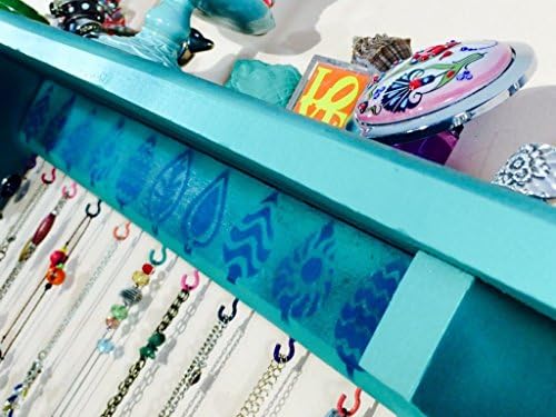 Re-purposed Wood Shelf | Floating Accent Shelving Necklace Organizer | Jewelry Hanging Storage Organization - Teal - 11 Hooks
