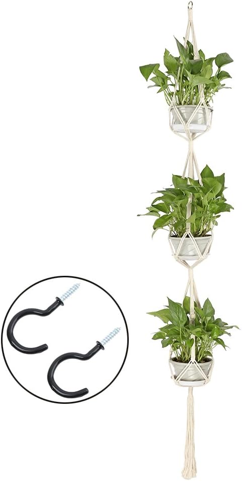 Warooma Macrame Plant Hanger Long 3 Tier Hanging Air Plant Holder with 2 Hooks for Hanging Indoor Outdoor Flower Basket Pot Home Decor - 71inches