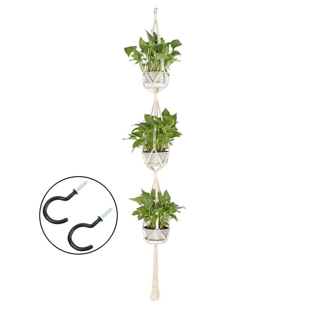 Warooma Macrame Plant Hanger Long 3 Tier Hanging Air Plant Holder with 2 Hooks for Hanging Indoor Outdoor Flower Basket Pot Home Decor - 71inches