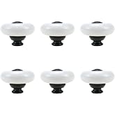 Tsnamay 6 Pcs White Ceramic Knob for Kitchen Door Cabinets Cupboard | White+Black Point,Dia.1.26inch/32mm,with Screws,Single Hole,For Wardrobes, For Closets