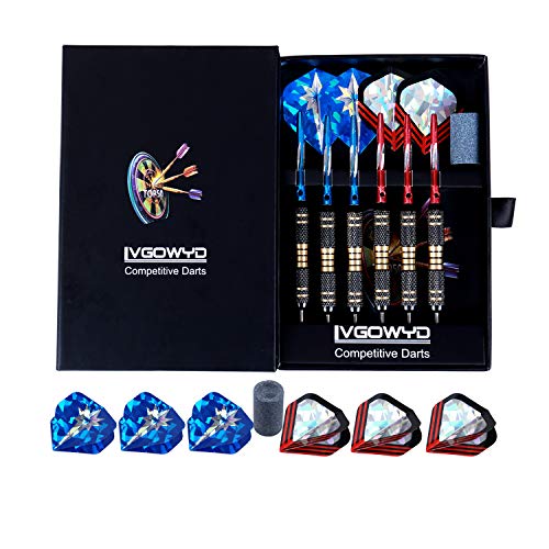 Lvgowyd 6 Pack Steel Tip Darts Set 24 Grams - Professional Metal Darts Tips with Aluminum Shafts Flights + Dart Sharpener + Dart Case (24g+Red+Blue)