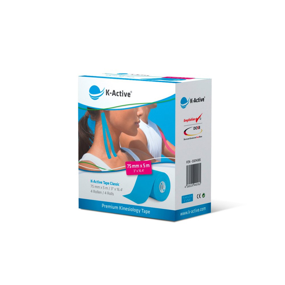 K-Active Kinesiology Tape Classic BLUE, water repellent and hypoallergenic, 75mm x 5 m, wide roll - Extends the therapeutic possibilities, 4 roll set