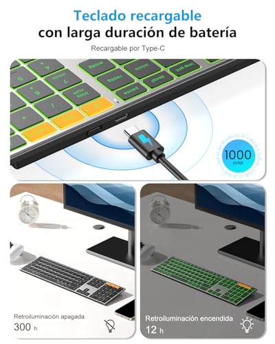 OMOTON Wireless Bluetooth Keyboard + 2.4GHz, Metal Case, Multi-Device Silent Spanish QWERTY Keyboard, Rechargeable Backlit Keyboard for Windows/Mac, Office and Study, Grey Black