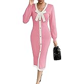 Wenrine Womens V Neck Sweater Dress Fall Long Sleeve Button Knit Bodycon Color Block Bow Tie Elegant Midi Dresses