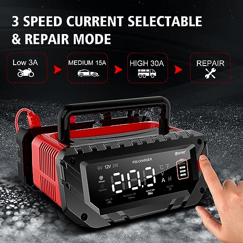 HTRC 6 V/12 V/24 V car battery charger, 30 A chargers for car batteries, battery charger for car, motorcycle, lawn mower, boat, lithium, LiFePO4 and lead acid (AGM, Gel, MF, EFB, SLA, VRLA, Wet)