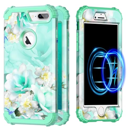 Casetego for iPhone 8 Plus Case,Compatible with MagSafe,[Military Grade Drop Test] Full Body Protection Slim Shockproof Rugged Marble Women Girls Case for iPhone 8 Plus 4.7 inch,Green/White Flower