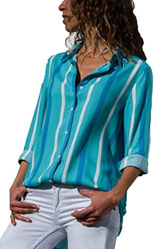 HUUSA Womens Button Up Blouses V Neck Color Block Stripes Work Casual Long Sleeve Shirt Tops