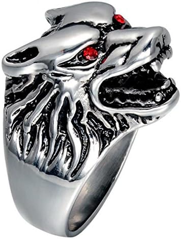 Woogge Men's Viking Ring Valknut Norse Stainless Steel Wolf Head Ring Silver Tone Black Vintage Red Rhinestone Animal Finger Rings Gothic Size 8-13 (10)