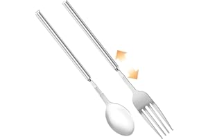 2Pcs Exquisite Retractable Fork Spoon Stainless Steel Extendable Fork, Long Fork Long Spoon Tool Expandable Fork Supplies, Re